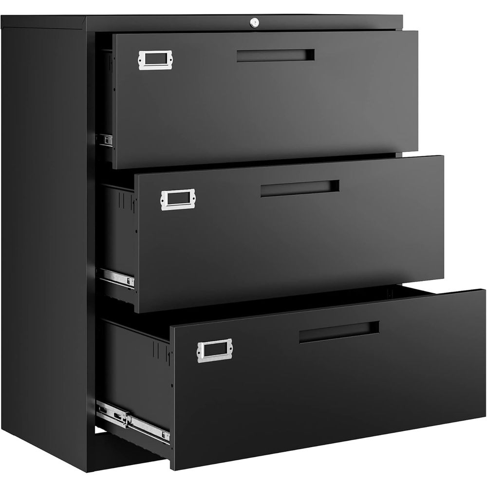 File Cabinet Lateral - ตู้เก็บเอกสารโลหะสีดำแบบ 3 ลิ้นชัก พร้อมกุญแจล็อค สำหรับใส่เอกสารขนาด Letter,