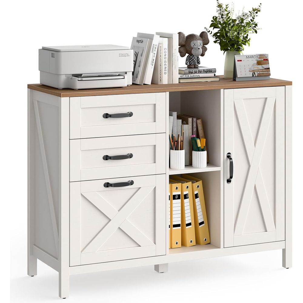 File Cabinet Lateral - ตู้เก็บเอกสารสีขาวแบบมีล้อเลื่อน 3 ลิ้นชักพร้อมบานประตู ตู้เก็บเอกสารปรับระดับได้สำหรับเอกสารขนาด Letter/A4 พร้อมชั้นวางเครื่องพิมพ์และช่องเก็บของ