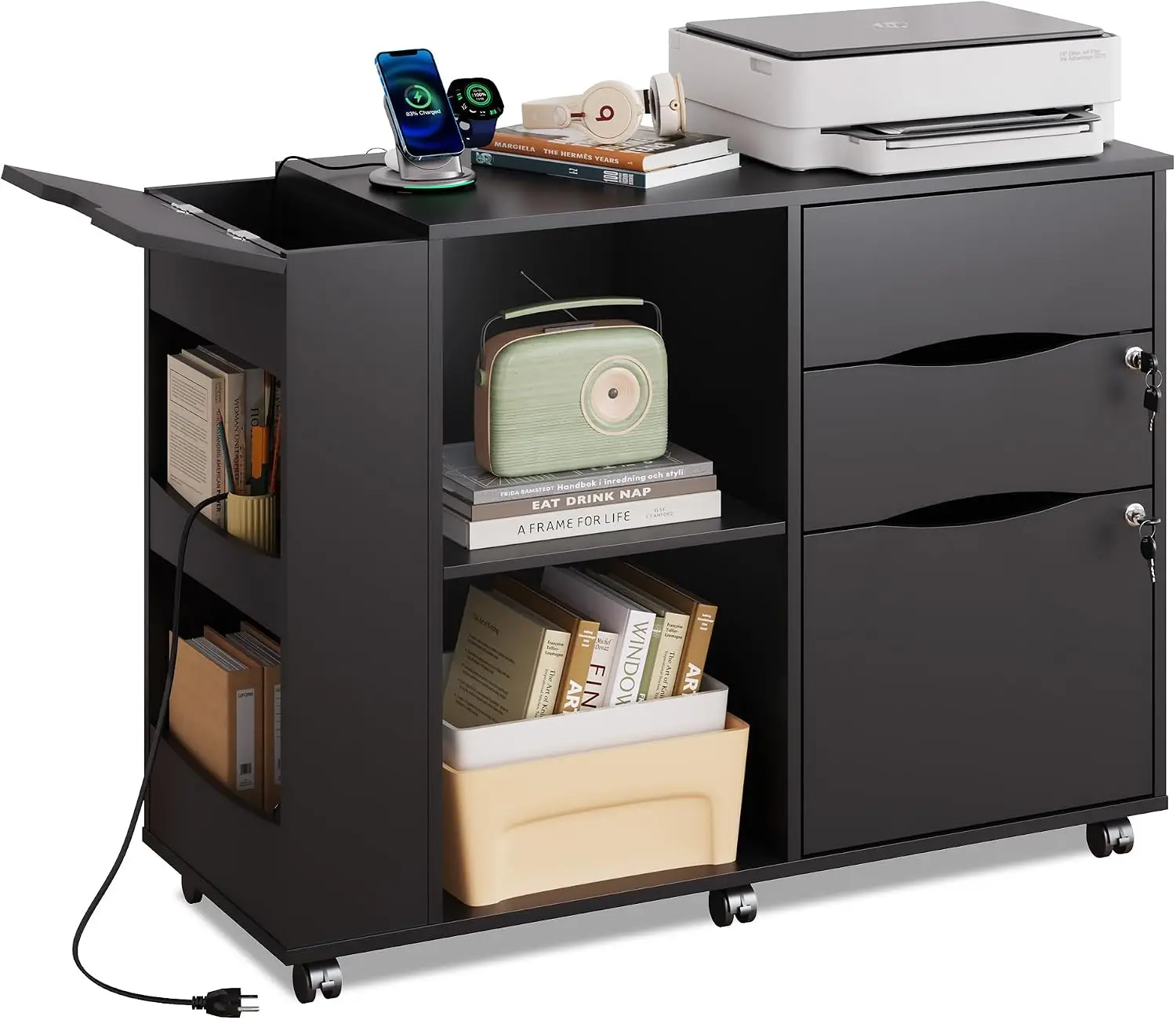 File Cabinet Lateral - ตู้เก็บเอกสารพร้อมกุญแจล็อค, แท่นวางเครื่องพิมพ์พร้อมสถานีชาร์จ สีดำ | ตู้เก็บเอกสารแบบเคลื่อนย้ายได้ด้านข้าง, พร้อมระบบล็อกและเปิดใช้งาน