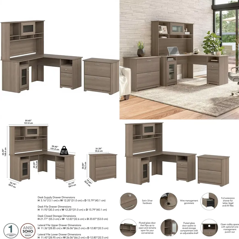 File Cabinet Lateral - โต๊ะทำงานรูปตัว L พร้อมตู้เก็บของและตู้เอกสารด้านข้าง ทำจากไม้อัด สำหรับโฮมออฟฟิศ นำเข้าจากฮิวสตัน