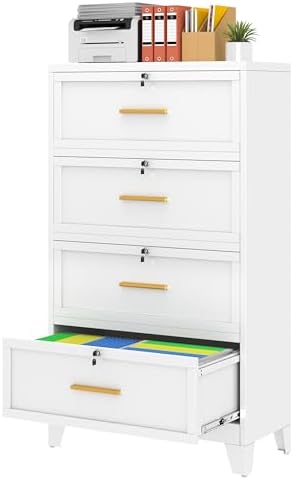 File Cabinet Lateral - ตู้เก็บเอกสาร 4 ลิ้นชักพร้อมกุญแจล็อค, ตู้เก็บเอกสารโลหะแบบวางด้านข้างสำหรับโฮมออฟฟิศ, ตู้เก็บเอกสารเหล็กขนาดกว้างสำหรับจัดระเบียบเอกสาร
