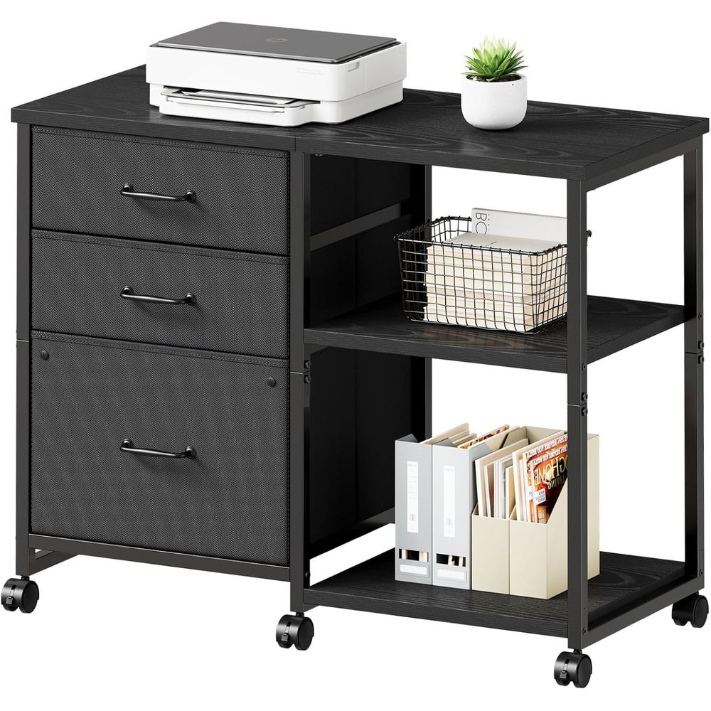 File Cabinet Lateral - ตู้เก็บเอกสารแบบมีล้อ ชั้นวางเครื่องพิมพ์แบบมีล้อ ชั้นวางของแบบเปิด ตู้เก็บเอกสารผ้าแบบแนวนอน สำหรับโฮมออฟฟิศ สีดำ