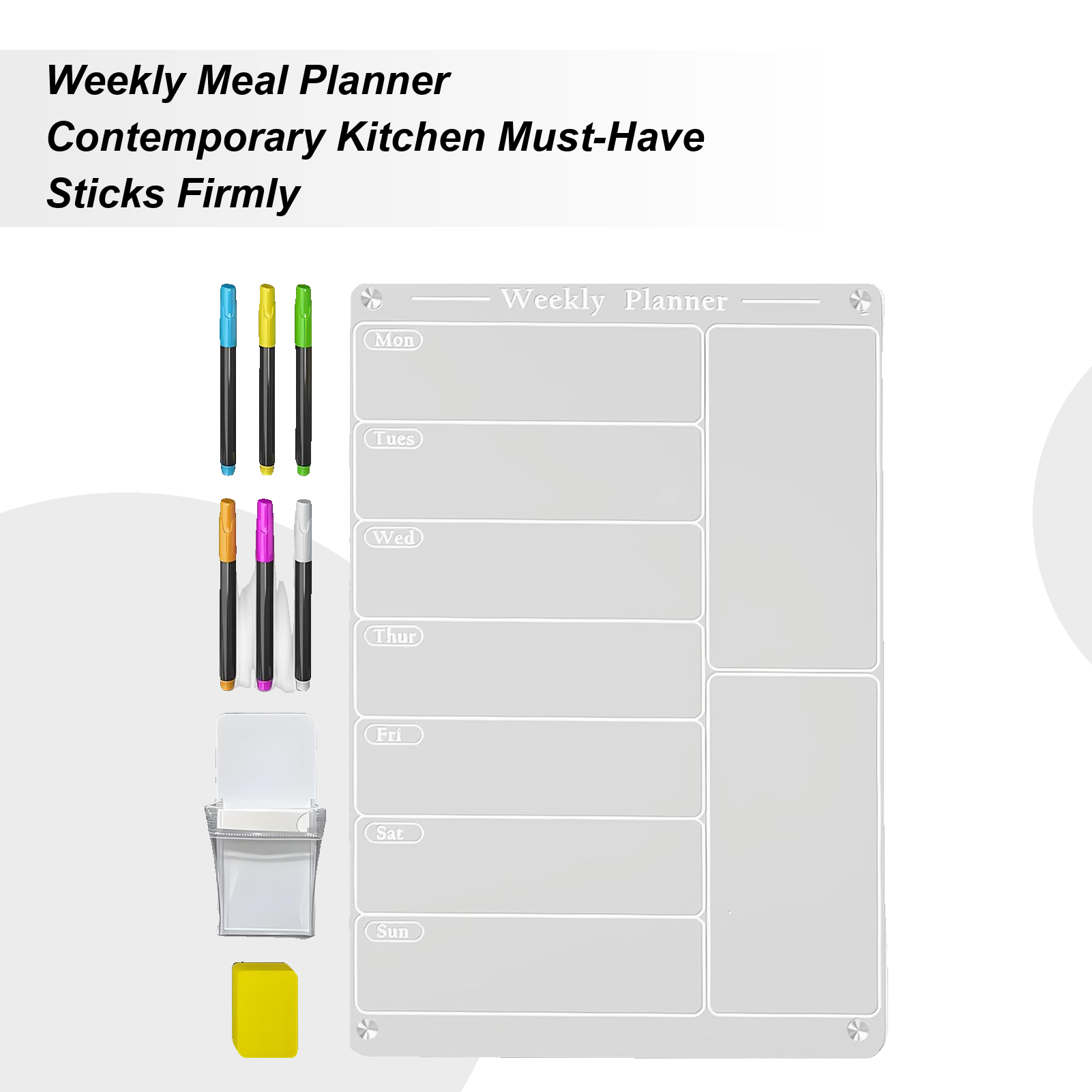 Dry Erase Weekly - ปฏิทินแม่เหล็กสำหรับติดตู้เย็น กระดานไวท์บอร์ดแบบลบได้ ใช้ซ้ำได้ พร้อมที่ใส่ปากกา 6 สีไฮไลท์
