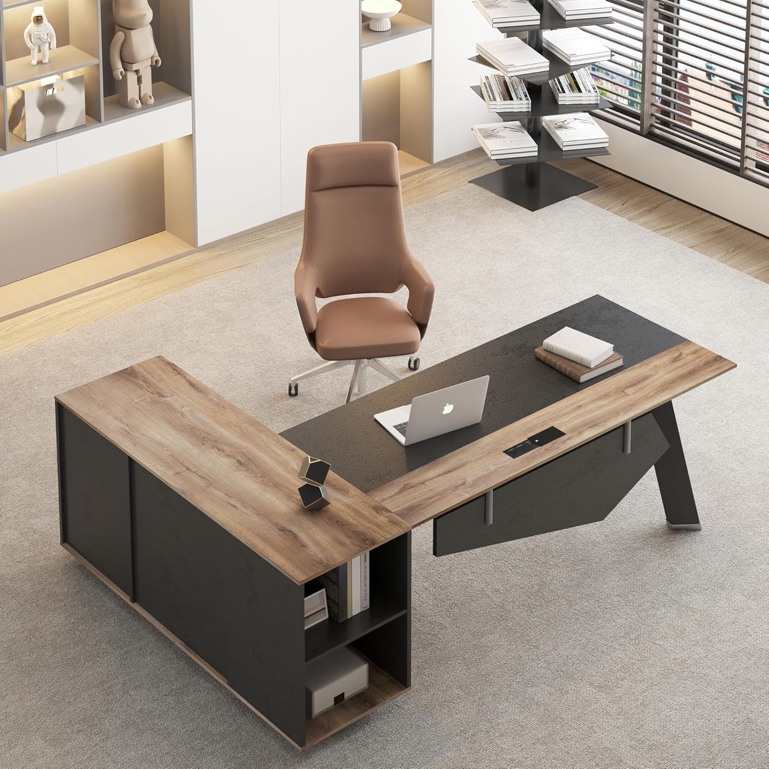 File Cabinet Lateral - โต๊ะทำงานผู้บริหารรูปตัว L ขนาด 63 นิ้ว พร้อมตู้เก็บเอกสาร/ชั้นวางของด้านข้างขนาด