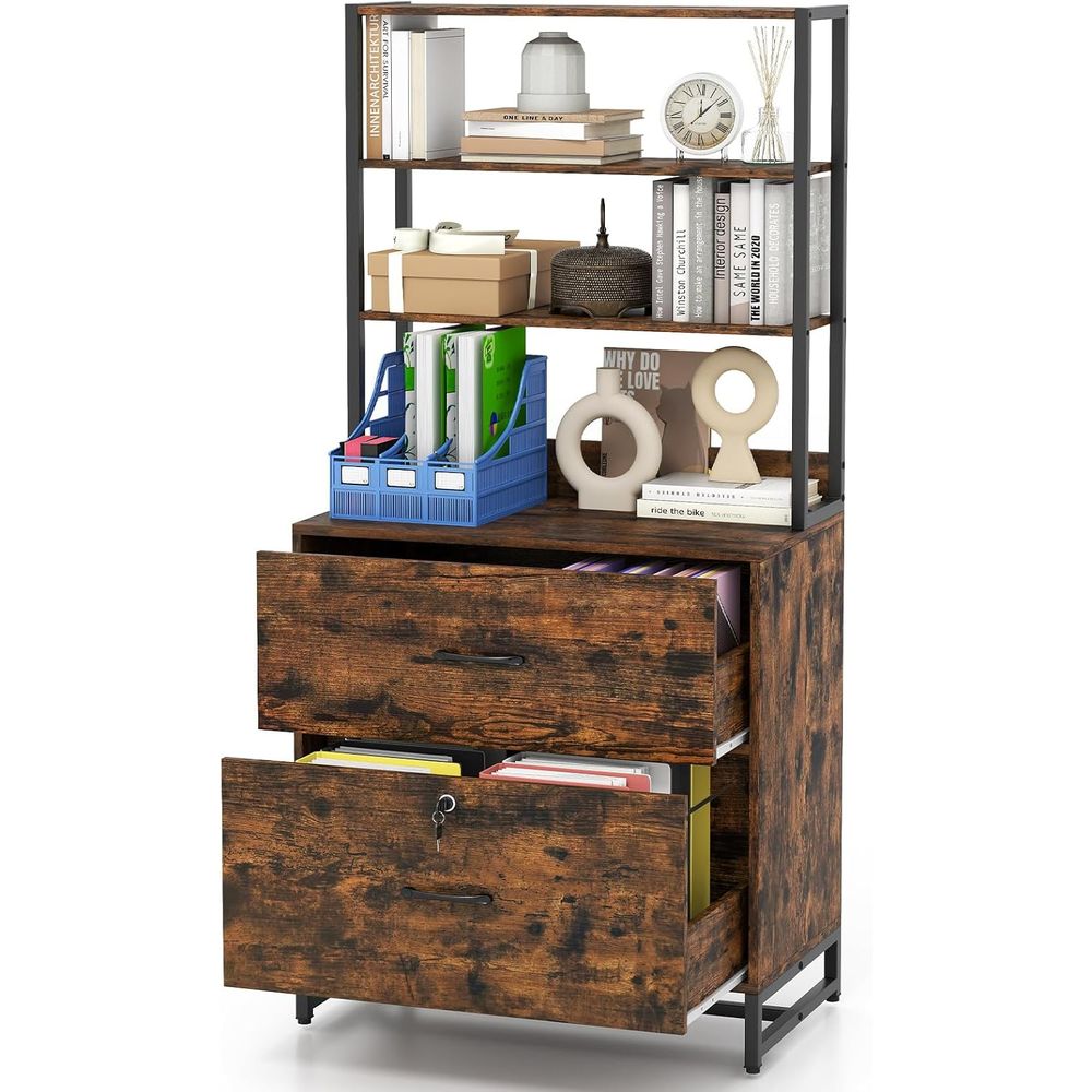 File Cabinet Lateral - ตู้เก็บเอกสารแนวขวางสไตล์อินดัสเทรียลพร้อมชั้นวางแบบเปิดและคุณสมบัติป้องกันการล้ม แท่นวางเครื่องพิมพ์สีน้ำตาลแบบเรียบง่าย