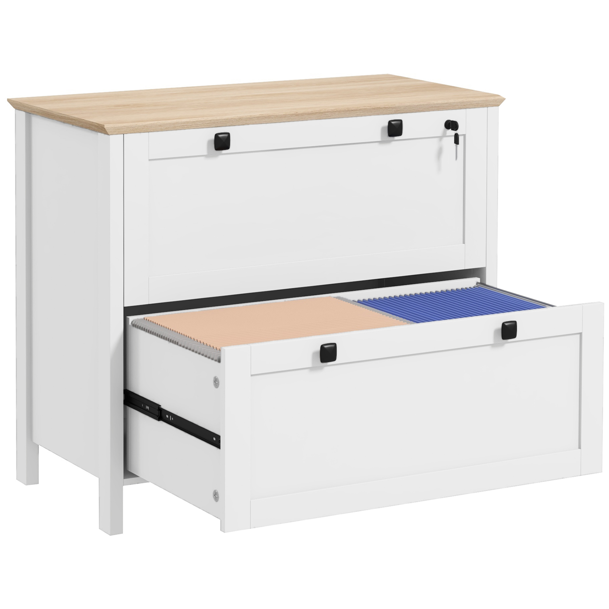 File Cabinet Lateral - ตู้เก็บเอกสาร 2 ลิ้นชักพร้อมกุญแจล็อค ตู้เก็บเอกสารแบบวางด้านข้างพร้อมกุญแจและราวแขวนปรับได้สำหรับจดหมาย ขนาด A4