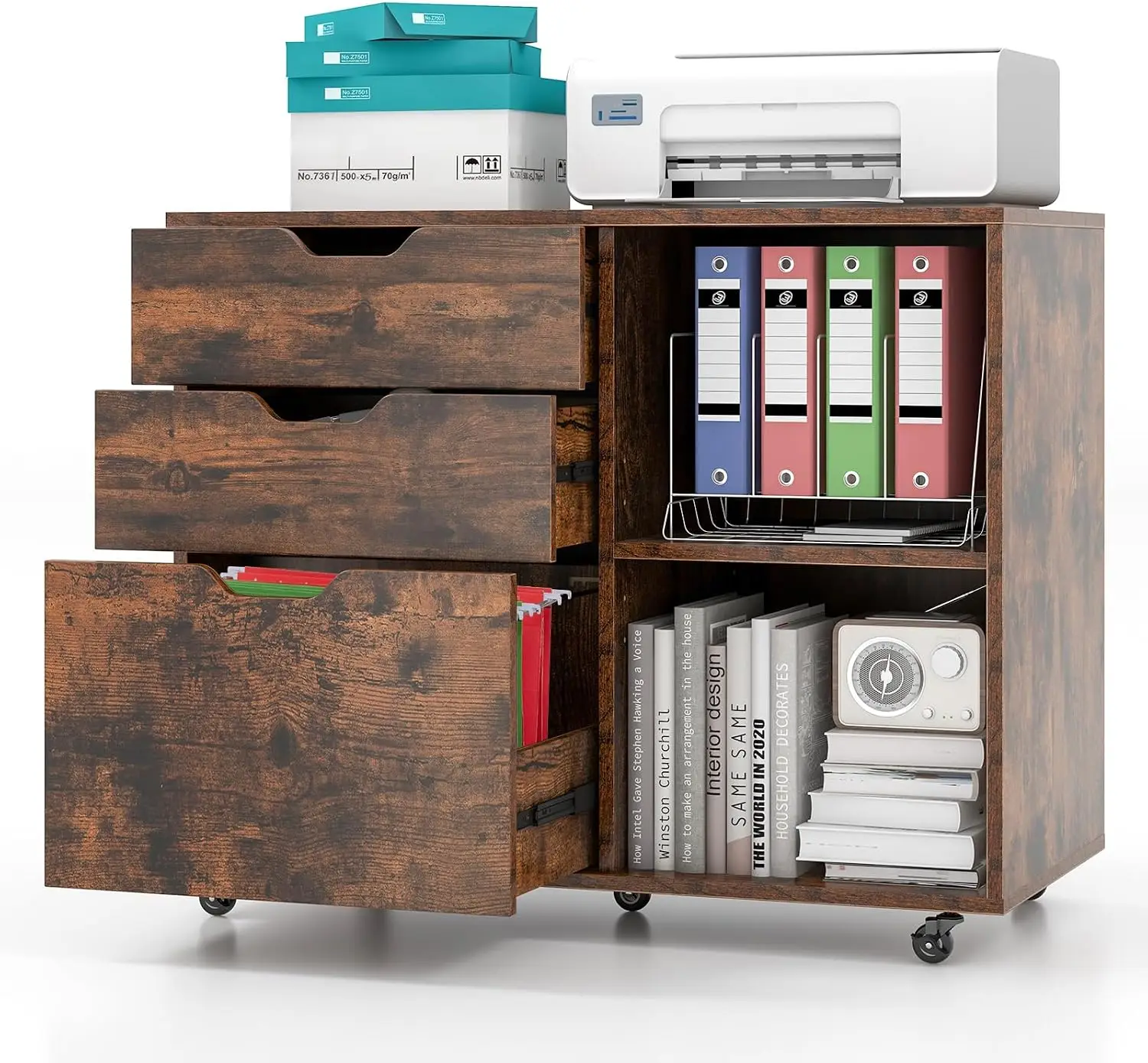 File Cabinet Lateral - ตู้เก็บเอกสาร 3 ลิ้นชัก, ตู้วางเครื่องพิมพ์แบบเคลื่อนที่พร้อมชั้นวางปรับระดับได้, ตู้เก็บเอกสารแบบมีล้อเลื่อน