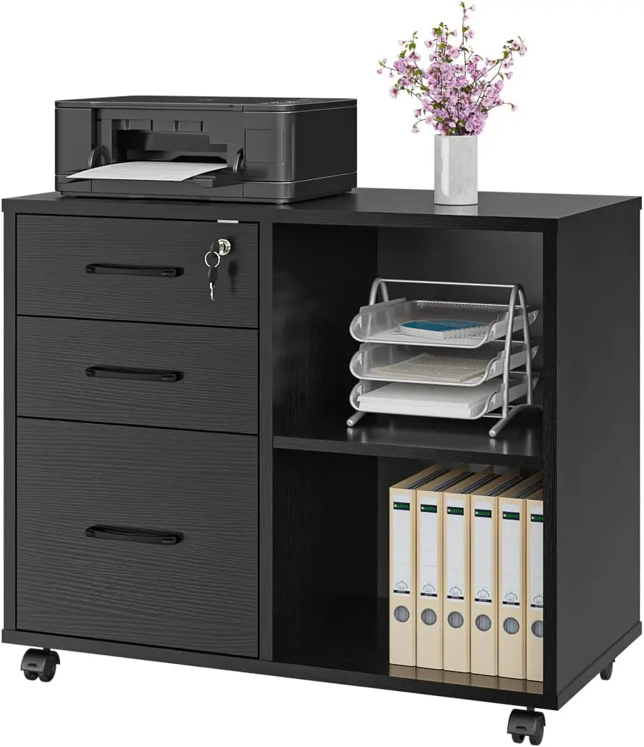 File Cabinet Lateral - ตู้เก็บเอกสารสำนักงานแบบ 3 ลิ้นชัก, แท่นวางเครื่องพิมพ์แบบเคลื่อนที่พร้อมชั้นวางของแบบเปิด, ตู้เก็บเอกสารแบบมีล้อสำหรับใช้ในบ้าน