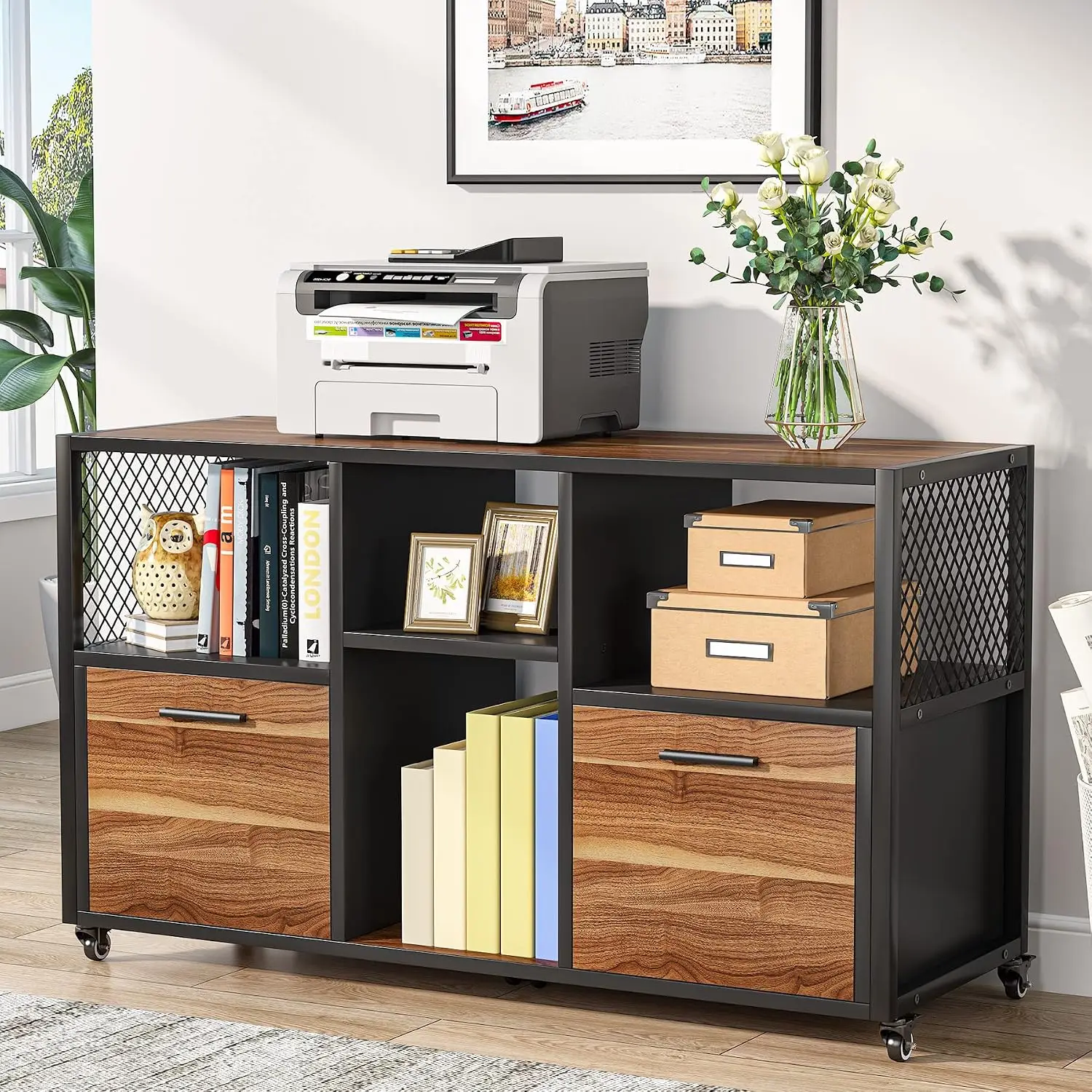 File Cabinet Lateral - ตู้เก็บเอกสารไม้แบบ 2 ลิ้นชัก, ตู้เก็บเอกสารแบบเคลื่อนที่ทันสมัยสำหรับเอกสารขนาด Letter/A4, พร้อมชั้นวางเครื่องพิมพ์และชั้นเก็บของแบบเปิด