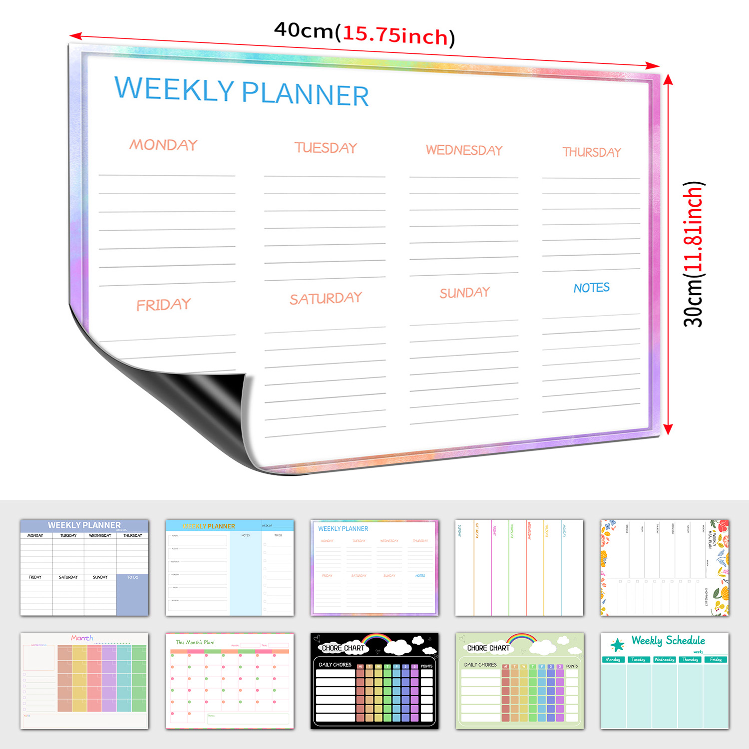 Dry Erase Weekly - กระดานวางแผนรายสัปดาห์แบบแม่เหล็กติดตู้เย็น ขนาด 40×30 ซม. กระดานไวท์บอร์ดลบได้สำหรับจัดตารางงานในบ้าน